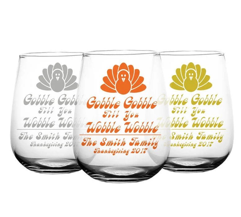 CUSTOMIZABLE - Stemless Wine Glass - 17 ounce - Gobble Gobble - 12 Count