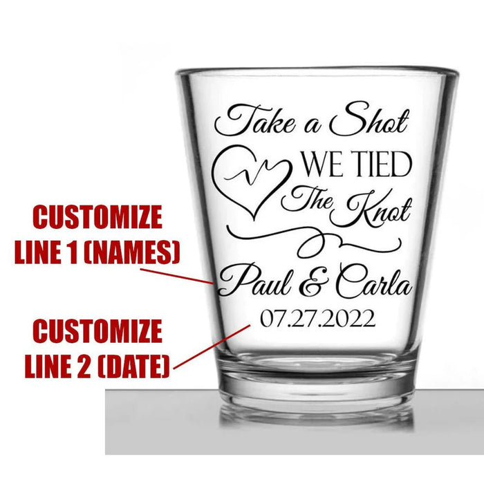 Customizable - 1.75oz Clear Shot Glass - Take a Shot We Tied The Knot Design - Scribble Heart - 12 Count