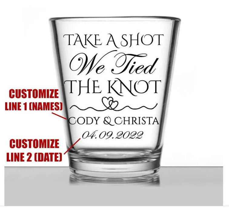 Customizable - 1.75oz Clear Shot Glass - Take a Shot We Tied The Knot Design - Two Hearts - 12 Count