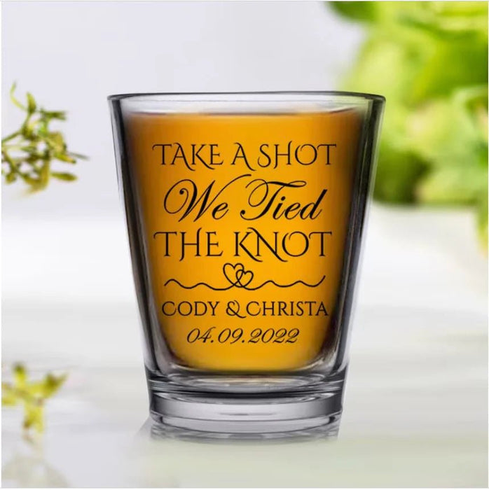 Customizable - 1.75oz Clear Shot Glass - Take a Shot We Tied The Knot Design - Two Hearts - 12 Count