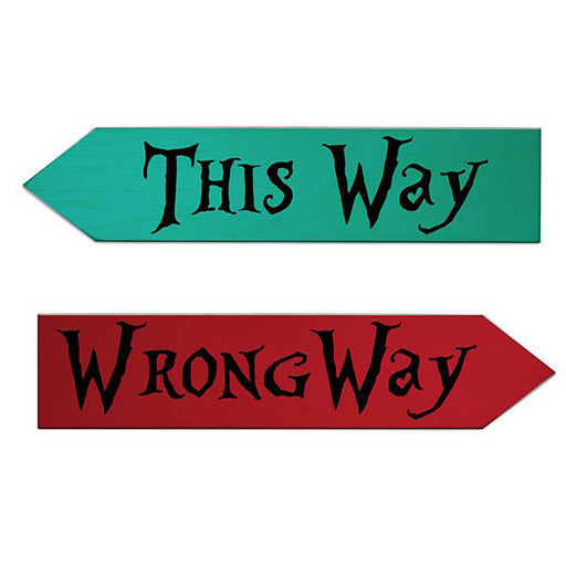 Two arrow signs, one green with 'This Way' and one red with 'Wrong Way', on a white background.