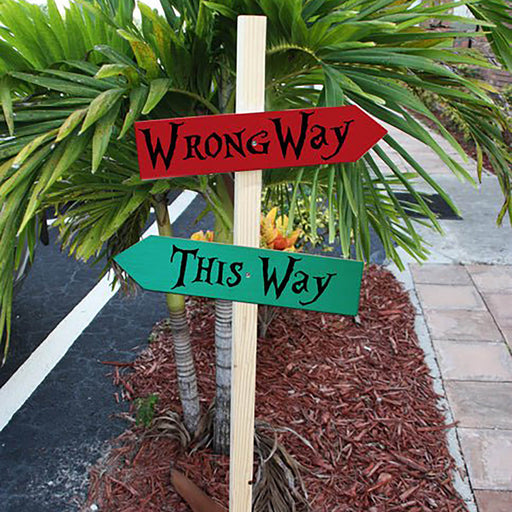 Two directional signs, one red with 'Wrong Way' and one green with 'This Way', in front of a palm tree.