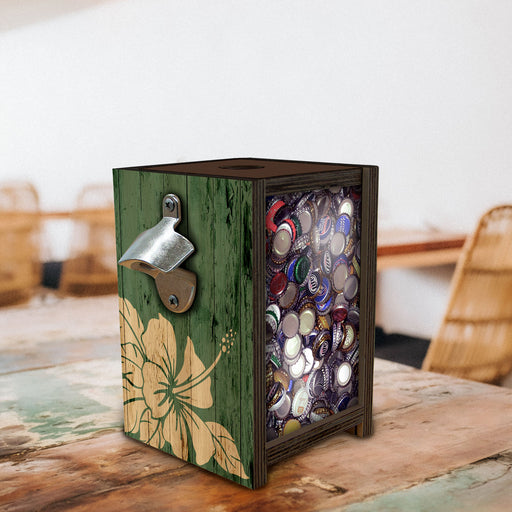 Wooden Bottle Cap Holder Box with Metal Bottle Opener - Walnut Stain - Custom Tiki Bar Design