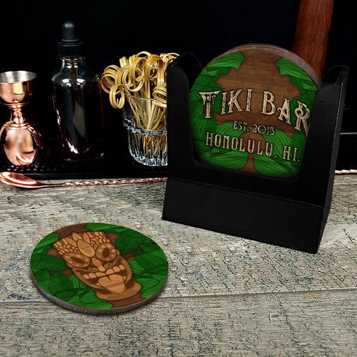 Wooden Round Coasters - Customizable - Tiki Leaves - Set of 4
