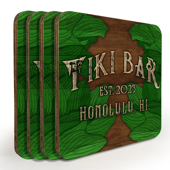 Wooden Square Coasters - Customizable - Tiki Leaves - Set of 4
