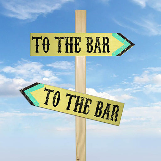 Two identical signs pointing to 'The Bar' against a blue sky.