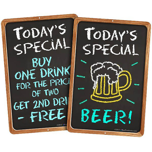 Two black chalkboards with wooden frames displaying a beer-themed promotion.