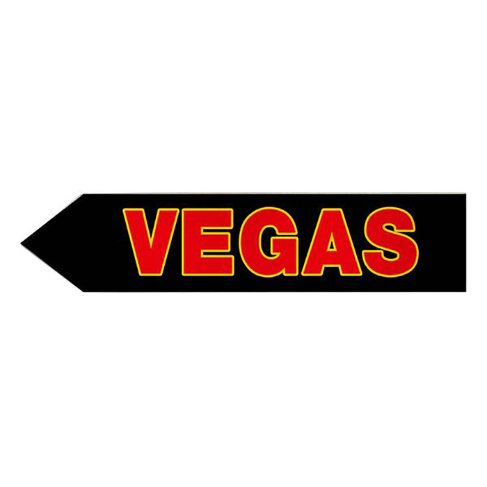 Black arrow-shaped sign with 'VEGAS' in red on a white background