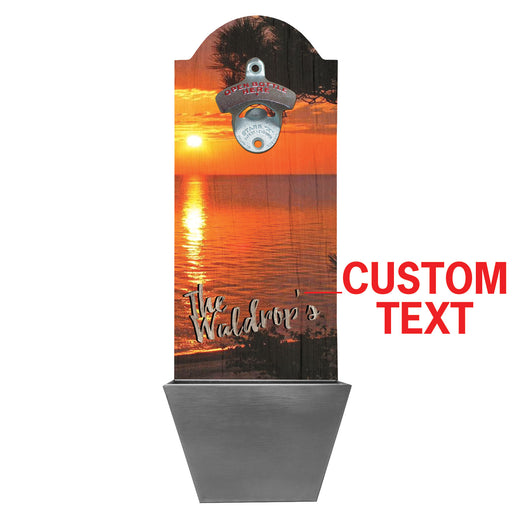 Wall-mounted bottle opener with sunset design and 'The Waldrop's' text, featuring a custom text option.