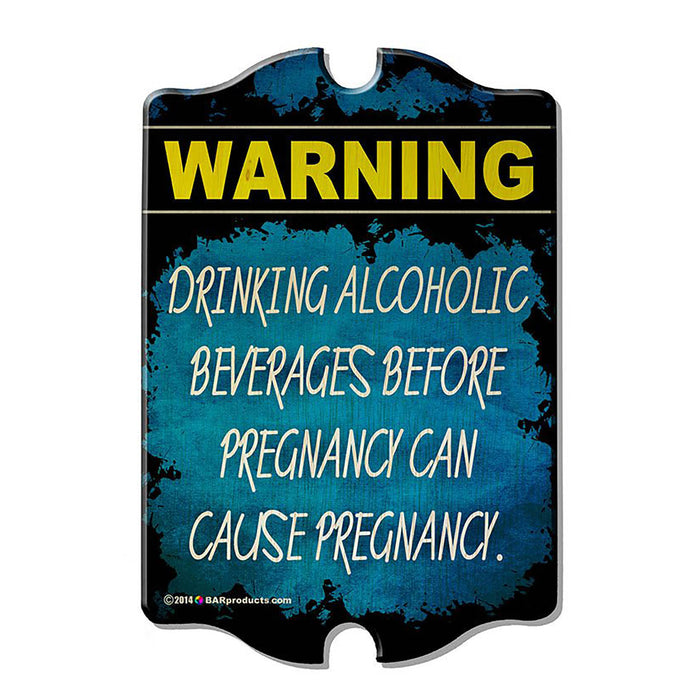 Warning sign about the dangers of drinking alcoholic beverages before pregnancy on a blue and black background.