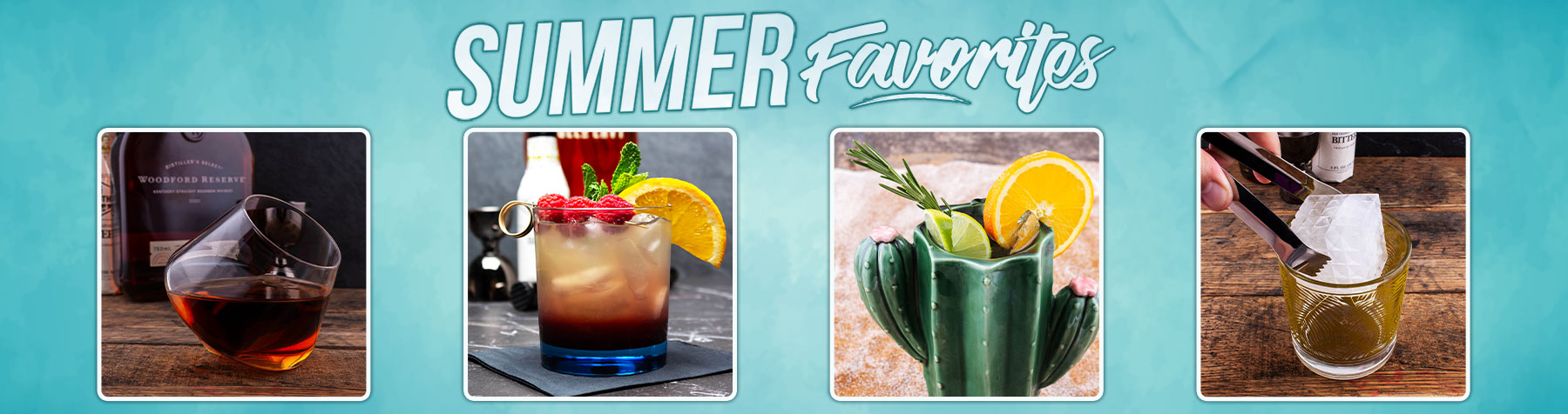 Promotional banner for 'Summer Favorites' featuring cocktails and drinks.