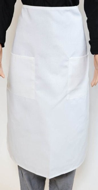 Mannequin wearing a black long-sleeve shirt, white apron, and gray pants on a white background