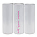 Three white cylindrical containers with pink text on a white background