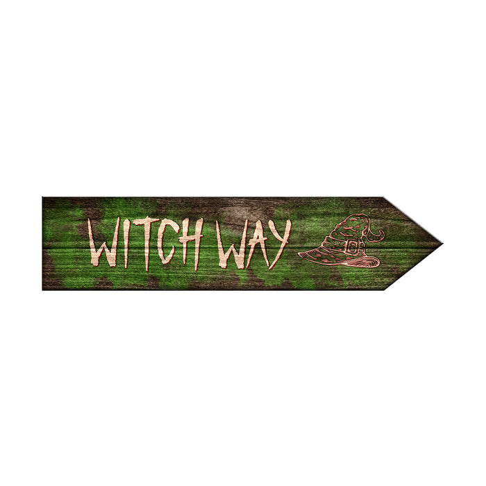 Wooden sign with 'Witch Way' text and a witch hat graphic on a white background