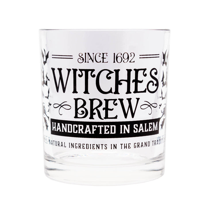 Glass tumbler with 'Witches Brew' text on a white background