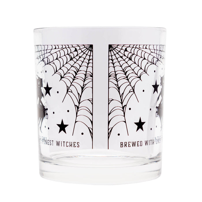 Clear glass tumbler with black spider web and ghost design on a white background