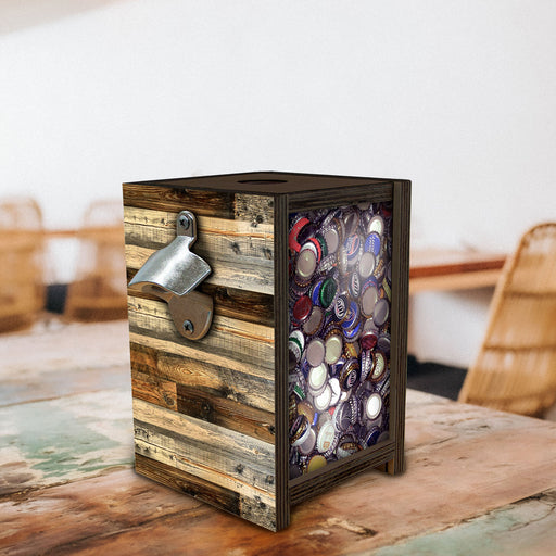 Wooden Bottle Cap Holder Box with Metal Bottle Opener - Walnut Stain - Wood Planks Design