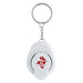 White keychain with a red logo on a white background