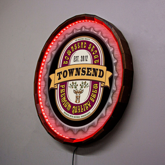 Custom LED Wood Barrel Top Sign - Bottlecap