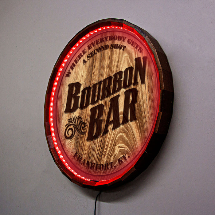 Custom LED Wood Barrel Top Sign - Bourbon Bar