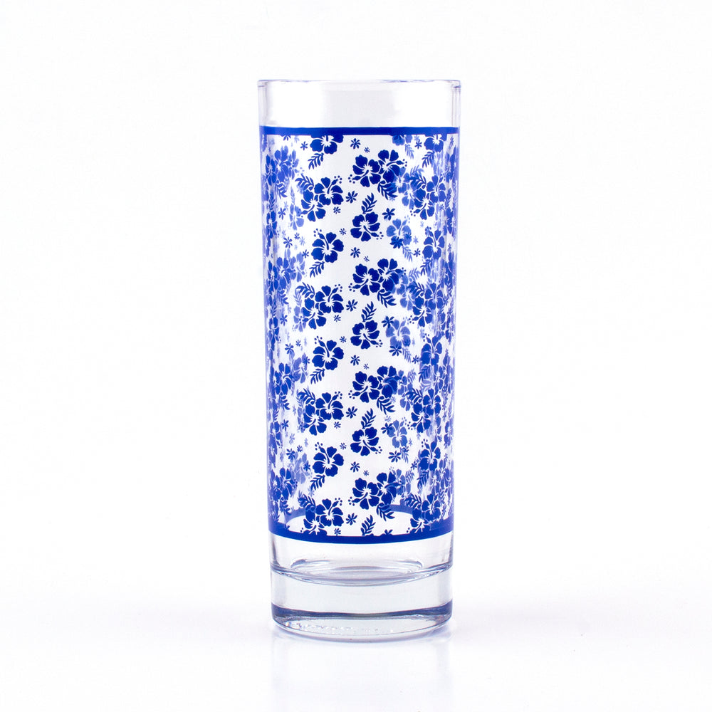 BARCONIC® COLLINS GLASS - BLUE HIBISCUS PATTERN - 9.5 OUNCE