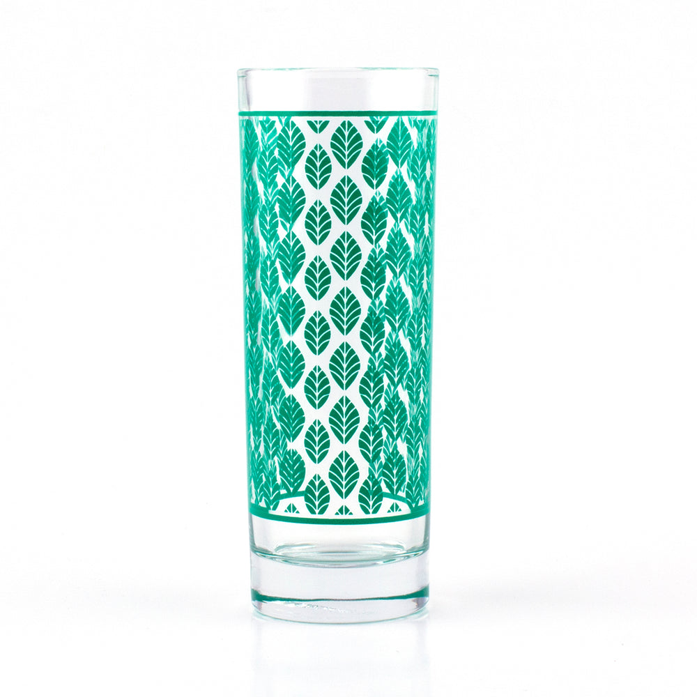 BARCONIC® COLLINS GLASS - DARK GREEN RETRO LEAVES PATTERN - 9.5 OUNCE