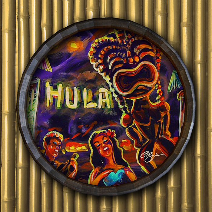 Vintage Hula Bar Wood Barrel Top Sign/Clock