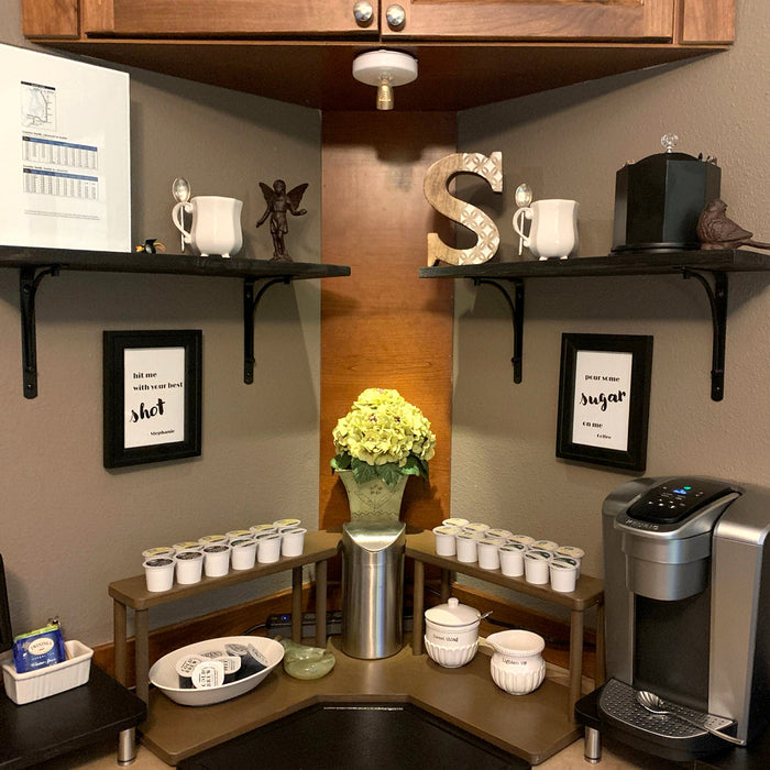 Counter Caddies™ - Walnut-Stained Corner Shelf - Barista Style w/ K-CUP Holes & Trash Can Inset - coffee station home office setup