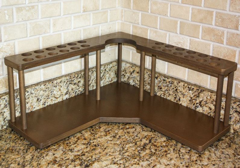 Counter Caddies™ - Walnut-Stained Corner Shelf - Barista Style w/ K-CUP Holes & Trash Can Inset - empty