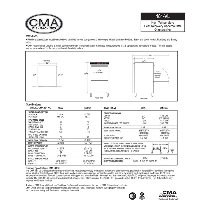 CMA HIGH TEMP UNDER COUNTER GLASSWASHER WITH HEAT RECOVERY SYSTEM