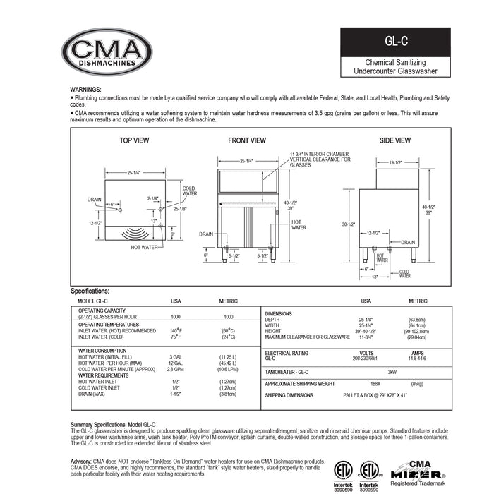 CMA LOW TEMP UNDER COUNTER GLASSWASHER WITH 3.0 KW ELECTRIC TANK HEATER & CIRCULAR CONVEYOR