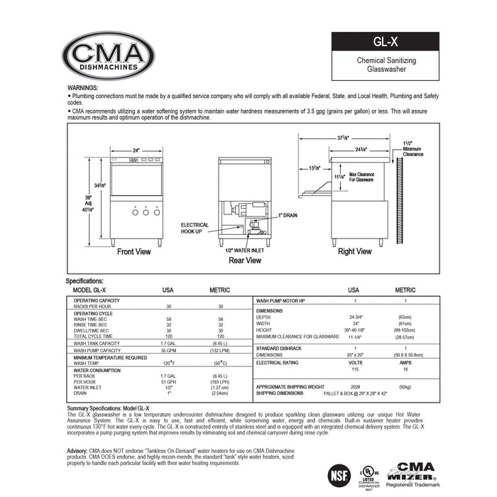 CMA LOW TEMP UNDER COUNTER GLASSWASHER WITH DELIMING SYSTEM