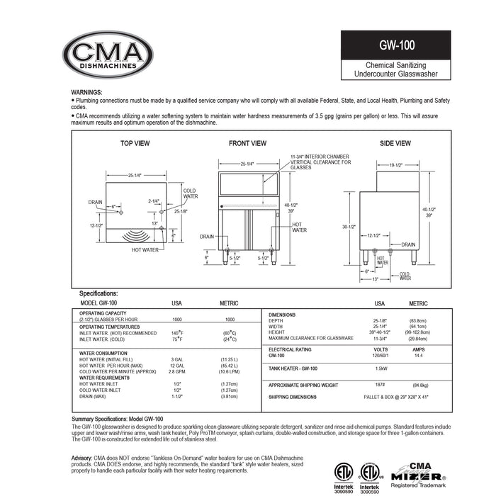 CMA LOW TEMP UNDER COUNTER GLASSWASHER WITH 1.25 KW ELECTRIC TANK HEATER & CIRCULAR CONVEYOR