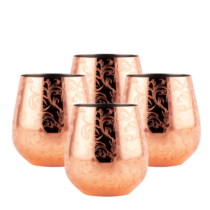Copper Etched Stemless Wine Glass -Set of 4