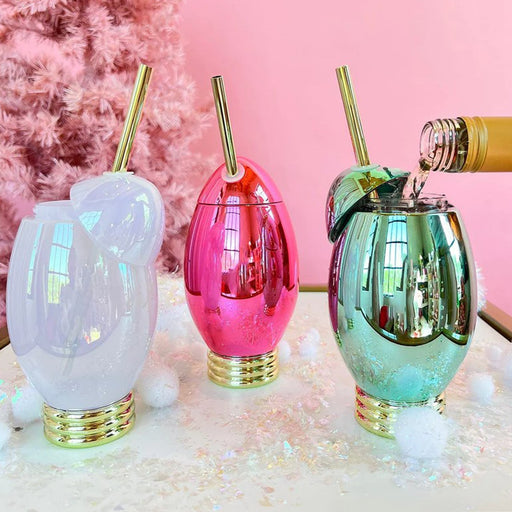 Christmas Light Bulb Novelty Cups w/Lids & straws - Set of 3 - 12 oz.
