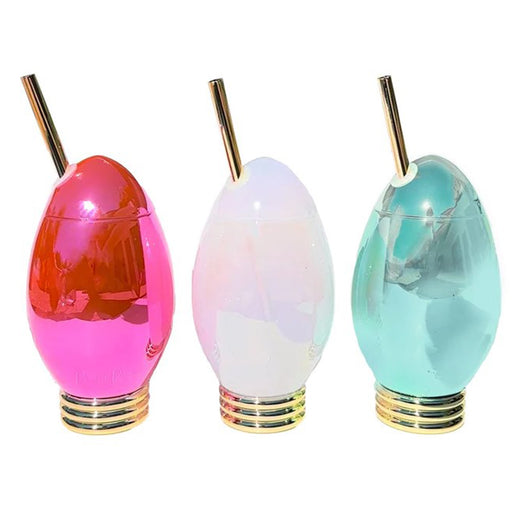 Christmas Light Bulb Novelty Cups w/Lids & straws - Set of 3 - 12 oz.