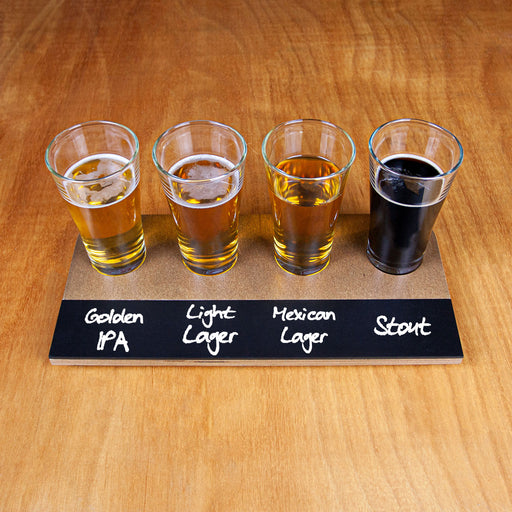 Beer Flight with Walnut Finish and Chalk Strip - Flared Glasses