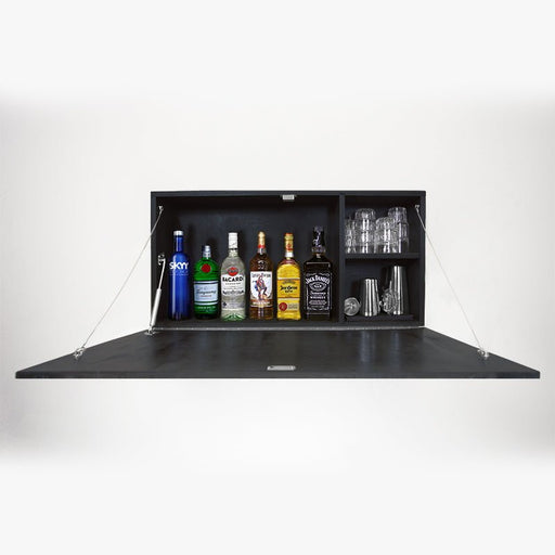 Black folding bar cabinet with alcohol bottles and glasses on a white background