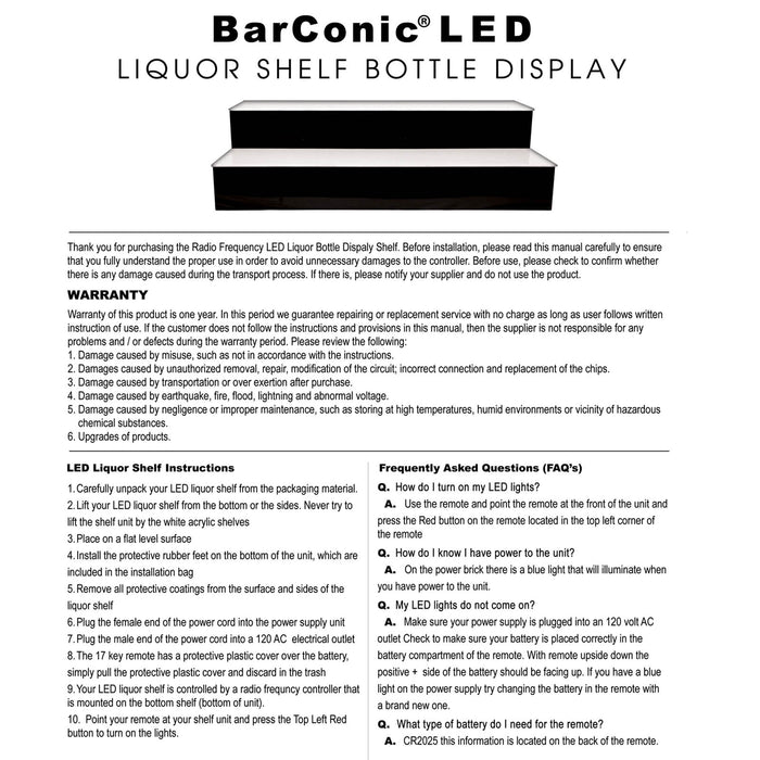 BarConic®  Acrylic Bottle Display Shelf - 1 Tier - Multi Colored Lights - Several Lengths