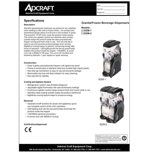 Adcraft Granita Slush Machine - Single Hopper - 3 gallon