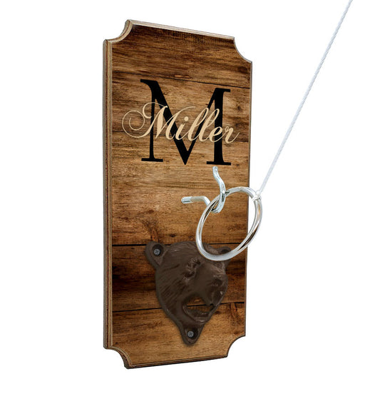 CUSTOMIZABLE Wall Mounted Ring Toss Game with Bottle Opener - Name Monogram Design