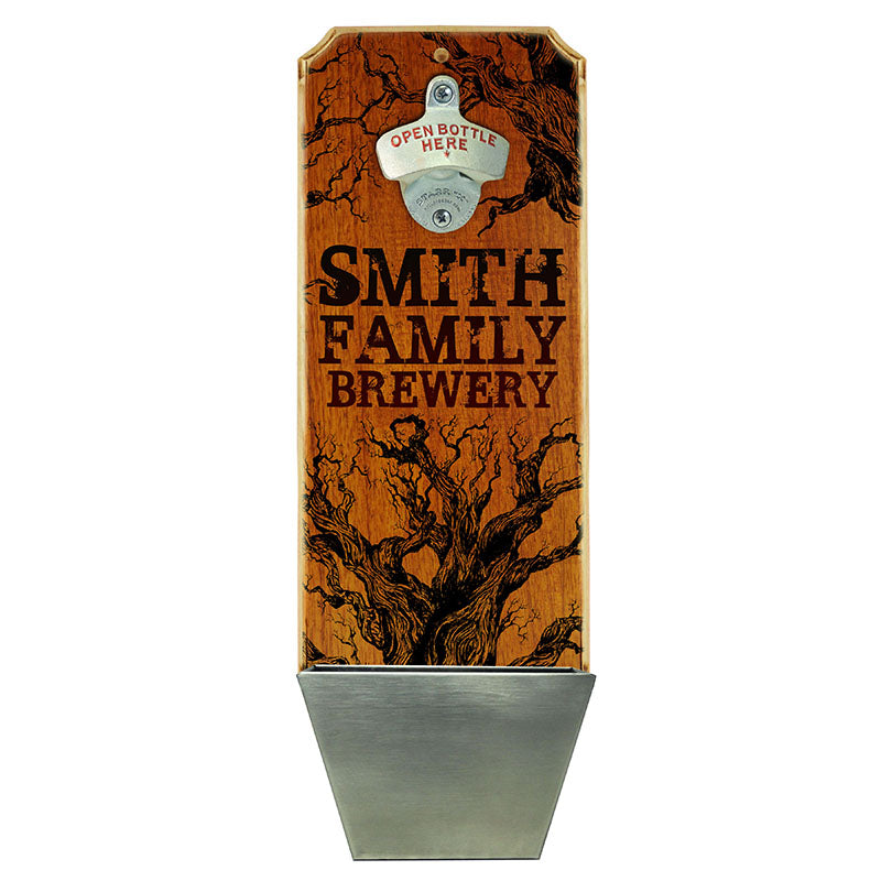 Custom Wall Mounted Wood Plaque Bottle Opener and Cap Catcher - Family Brewery