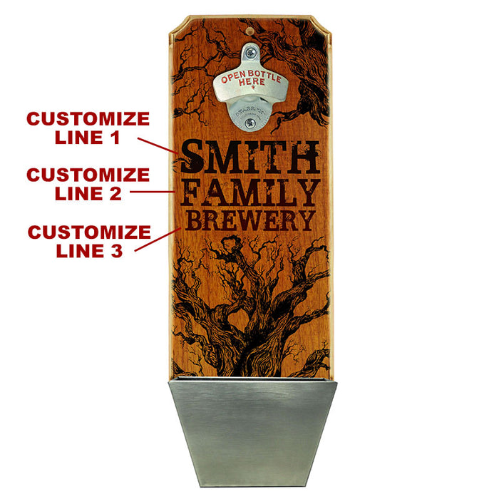 Custom Wall Mounted Wood Plaque Bottle Opener and Cap Catcher - Family Brewery