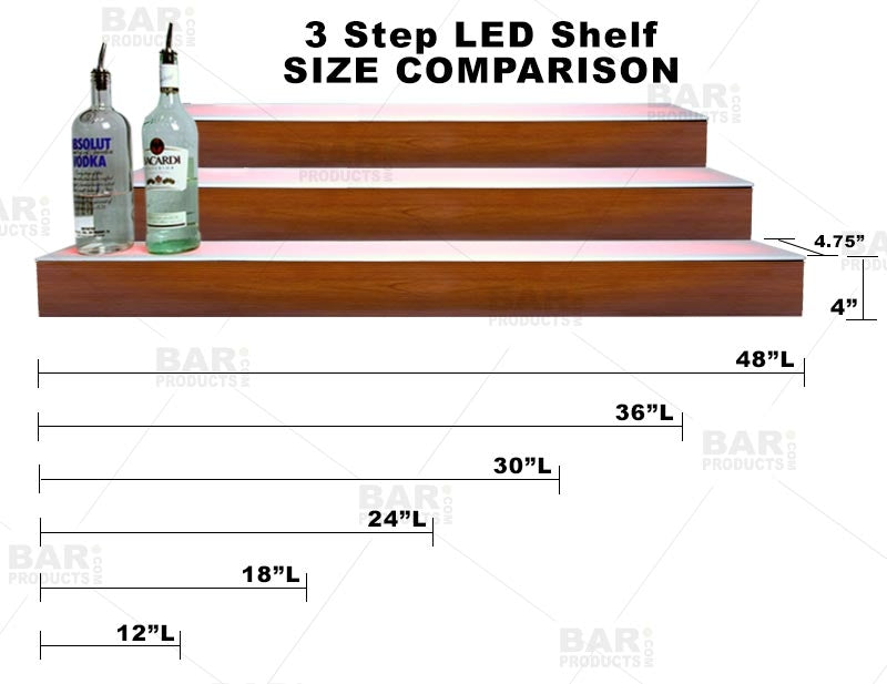 BarConic® LED Liquor Bottle Display Shelf - 3 Steps - Wild Cherry - Several Lengths