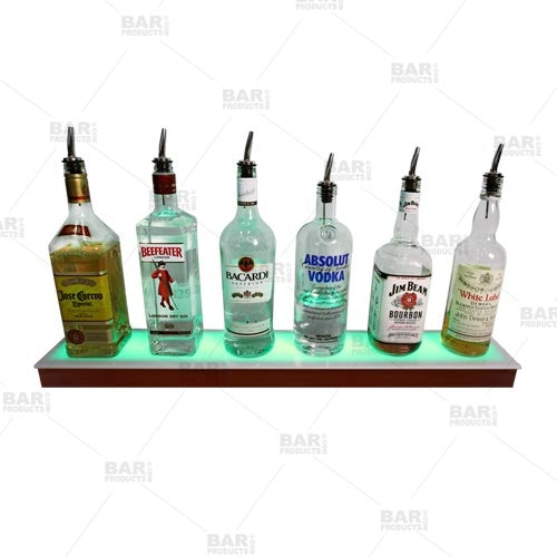 BarConic® LED Liquor Bottle Display Shelf - Low Profile - 1 Step - Mahogany - Several Lengths