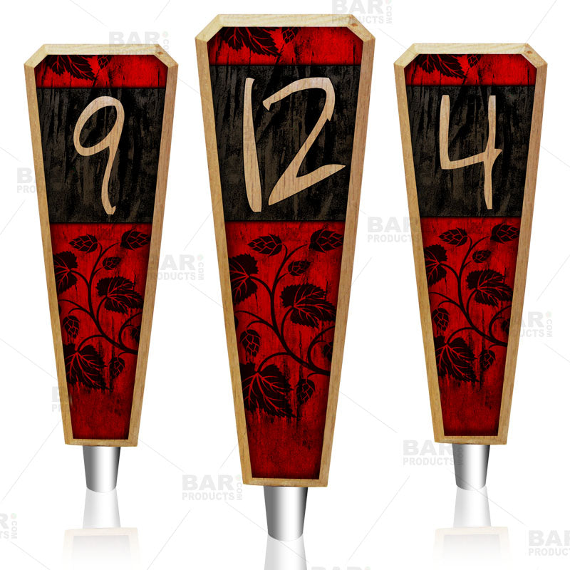 Numbered Beer Tap Handles - Oak Wood - Red / Black Grunge
