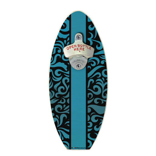 Blue Swirls Wooden Surfboard Wall Mounted Bottle Opener