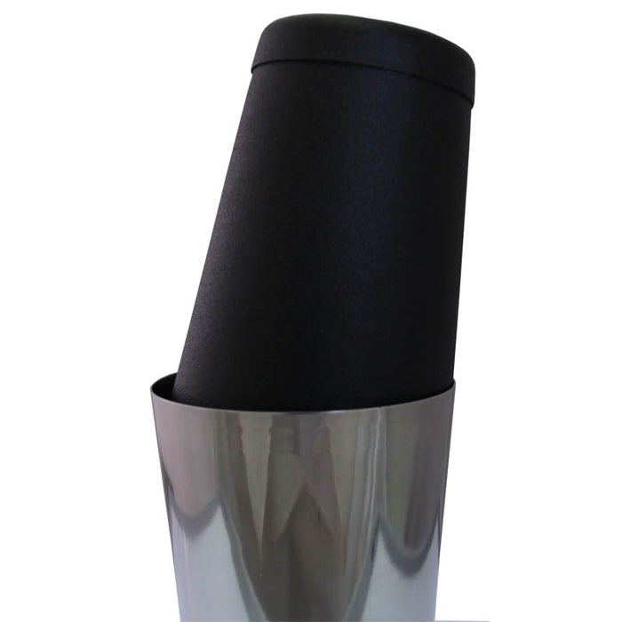 black textured 18 ounce cocktail shaker tin capping a 28 ounce 
