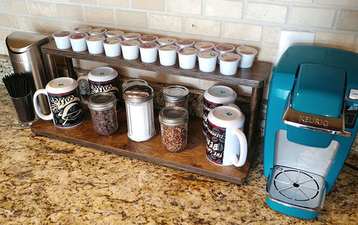 Counter Caddies™ - Walnut-Stained Straight Shelf - w/ K-Cup Holes - coffee mugs condiments supplies