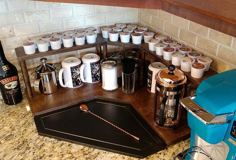 Counter Caddies™ - Walnut-Stained Corner Shelf - Barista Style w/ K-CUP Holes - coffee mugs supplies condiments